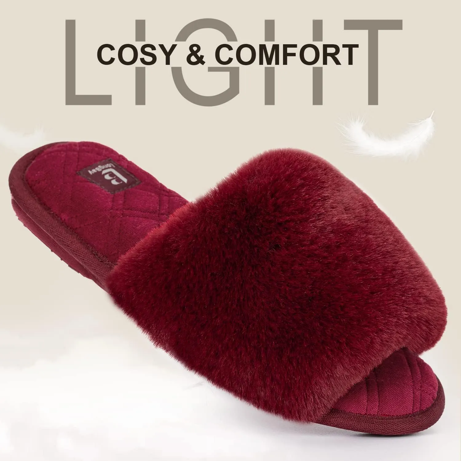 LongBay Women's Fuzzy Faux Fur Memory Foam Cozy Flat Spa Slide Slippers Comfy Open Toe Slip On House Shoes Sandals