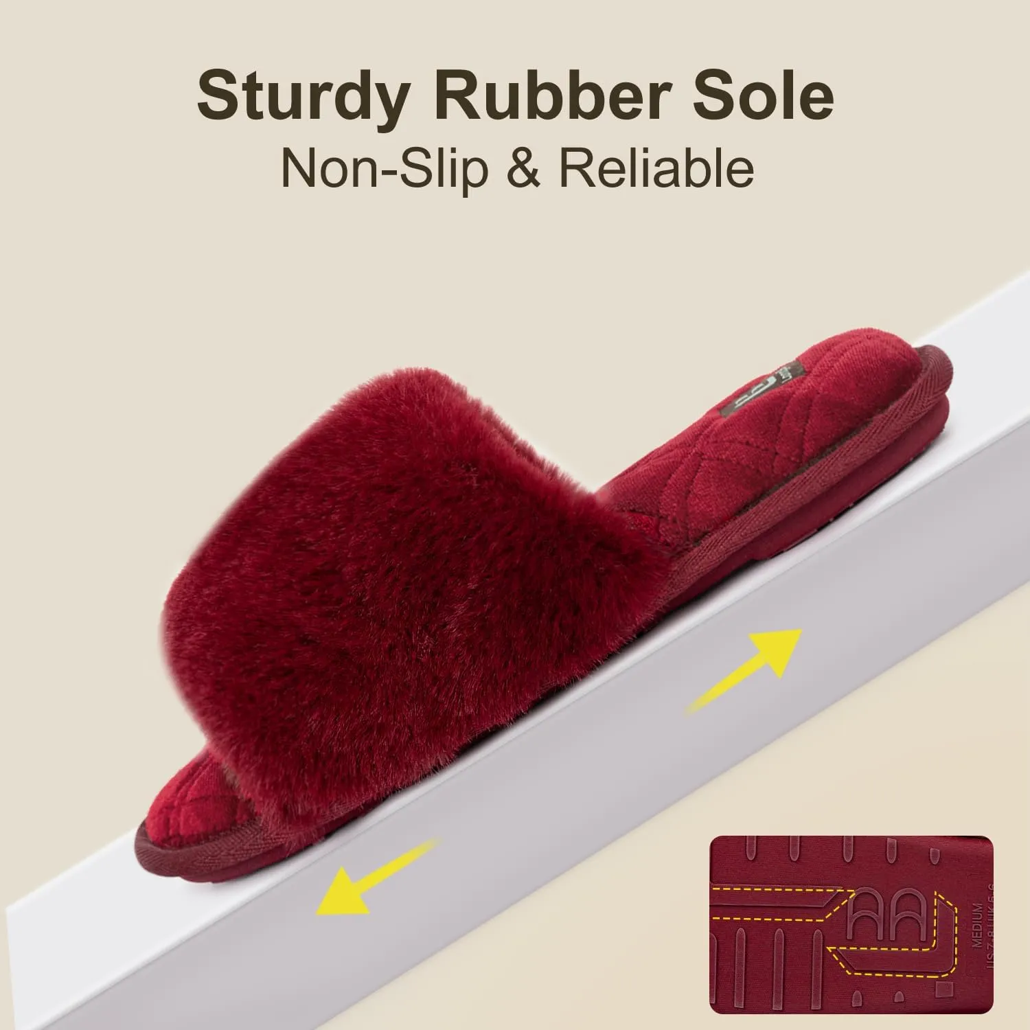 LongBay Women's Fuzzy Faux Fur Memory Foam Cozy Flat Spa Slide Slippers Comfy Open Toe Slip On House Shoes Sandals