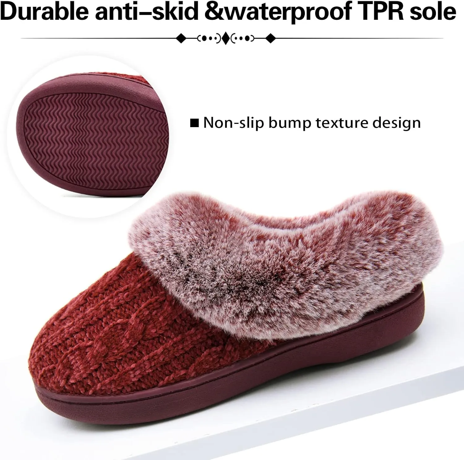 LORDFON Womens Winter House Slippers Memory Foam，Warm Closed Back Indoor Slippers For Women With Soft Faux Fur Plush Collar,Cozy Ladies Slip-on bedroom Home Slippers Non-Slip