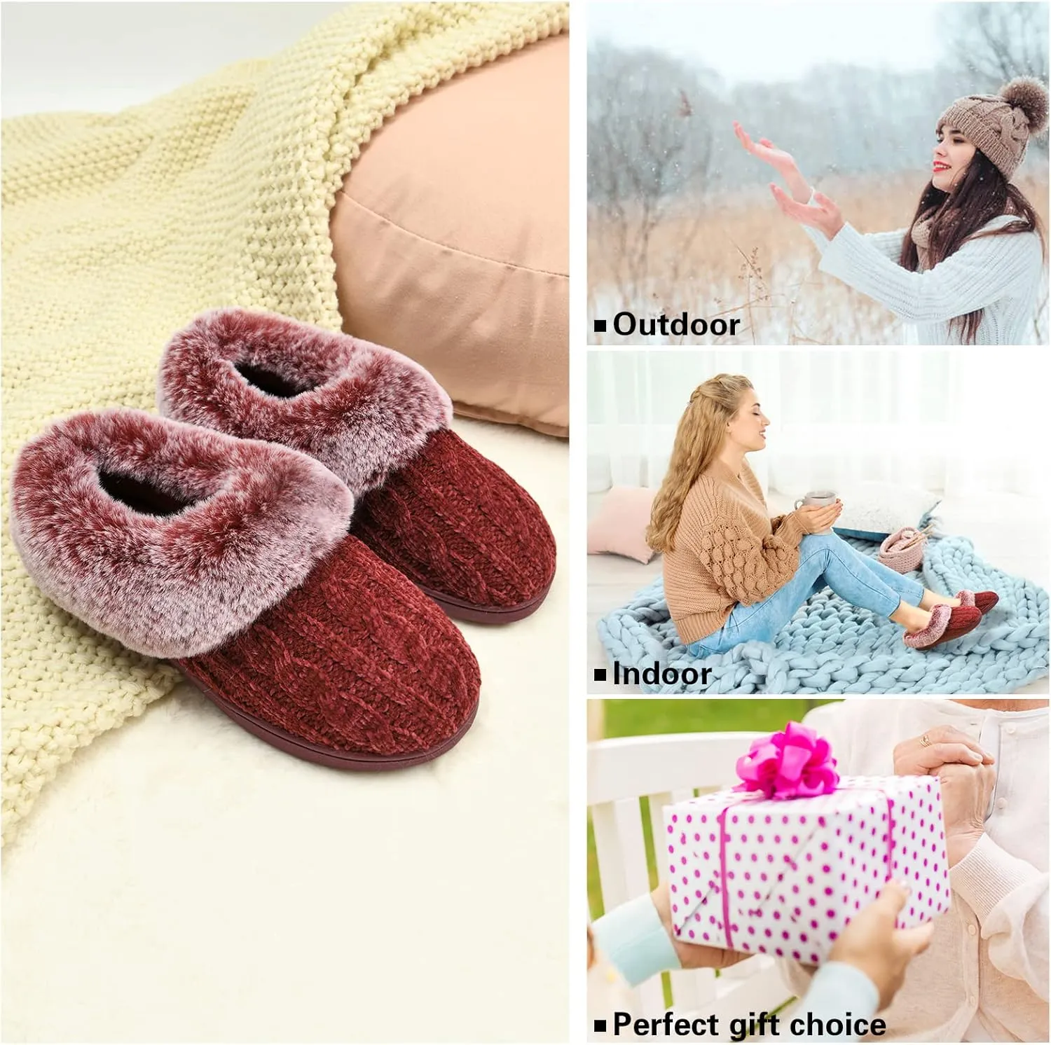 LORDFON Womens Winter House Slippers Memory Foam，Warm Closed Back Indoor Slippers For Women With Soft Faux Fur Plush Collar,Cozy Ladies Slip-on bedroom Home Slippers Non-Slip