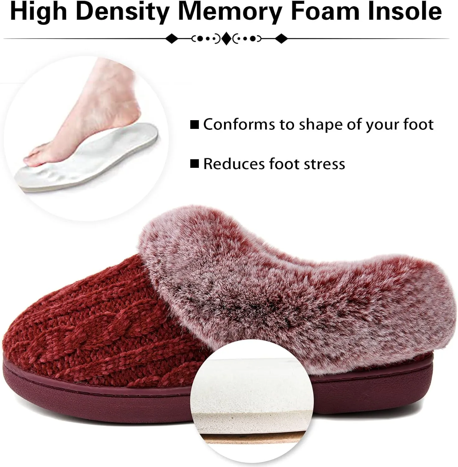 LORDFON Womens Winter House Slippers Memory Foam，Warm Closed Back Indoor Slippers For Women With Soft Faux Fur Plush Collar,Cozy Ladies Slip-on bedroom Home Slippers Non-Slip
