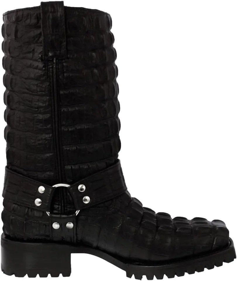 Mens Black Leather Motorcycle Boots Crocodile Tail Print Square Toe