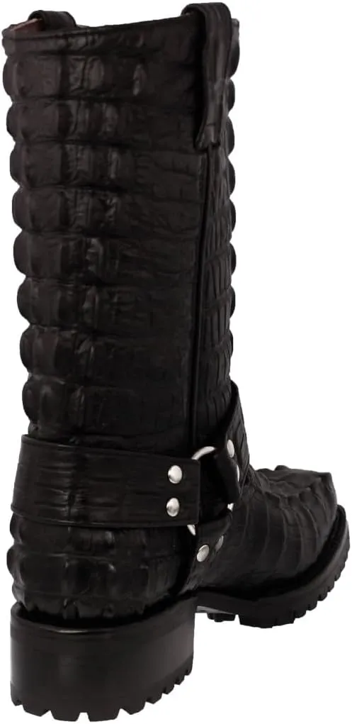 Mens Black Leather Motorcycle Boots Crocodile Tail Print Square Toe