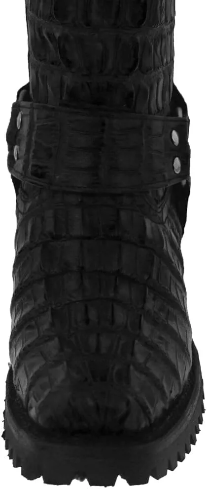 Mens Black Leather Motorcycle Boots Crocodile Tail Print Square Toe
