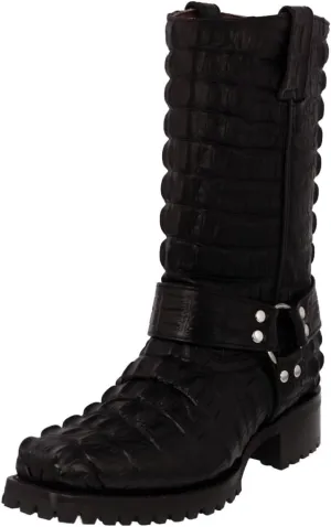 Mens Black Leather Motorcycle Boots Crocodile Tail Print Square Toe