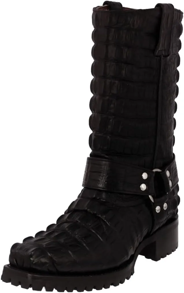 Mens Black Leather Motorcycle Boots Crocodile Tail Print Square Toe