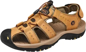 Mens Closed Toe Sport Sandals Leather Athletic Trail Walking Breathable Easy On Comfortable Hiking and Water Shoes