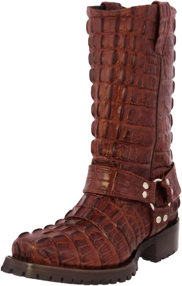 Mens Cognac Leather Motorcycle Boots Crocodile Tail Print Square Toe