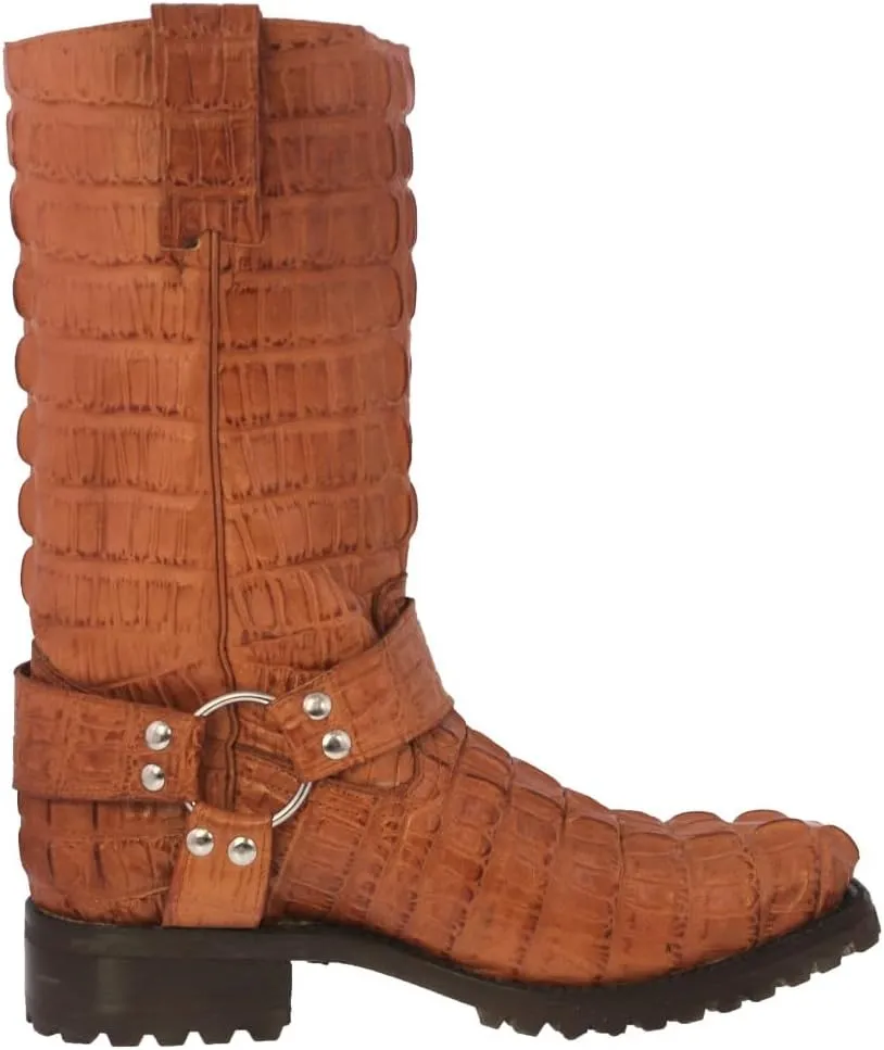Mens Cognac Leather Motorcycle Boots Crocodile Tail Print Square Toe