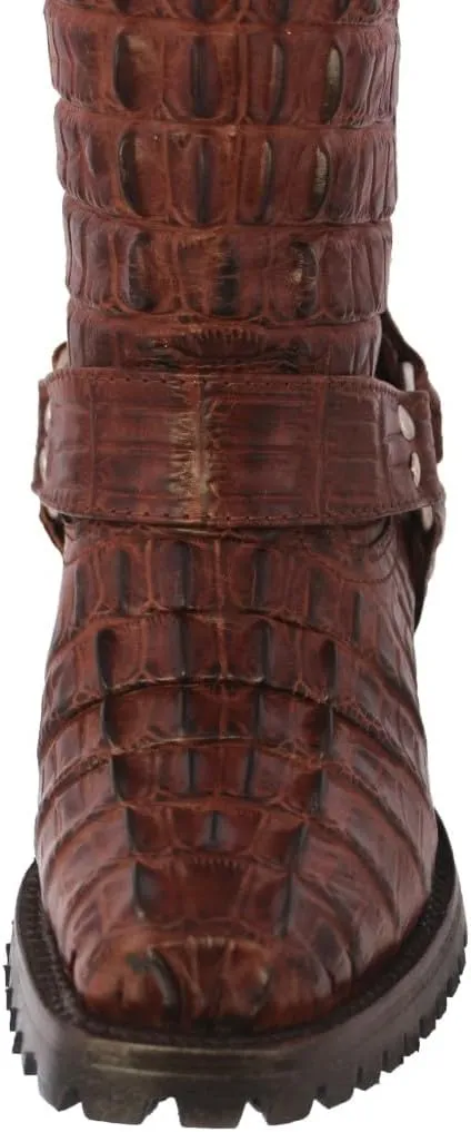 Mens Cognac Leather Motorcycle Boots Crocodile Tail Print Square Toe