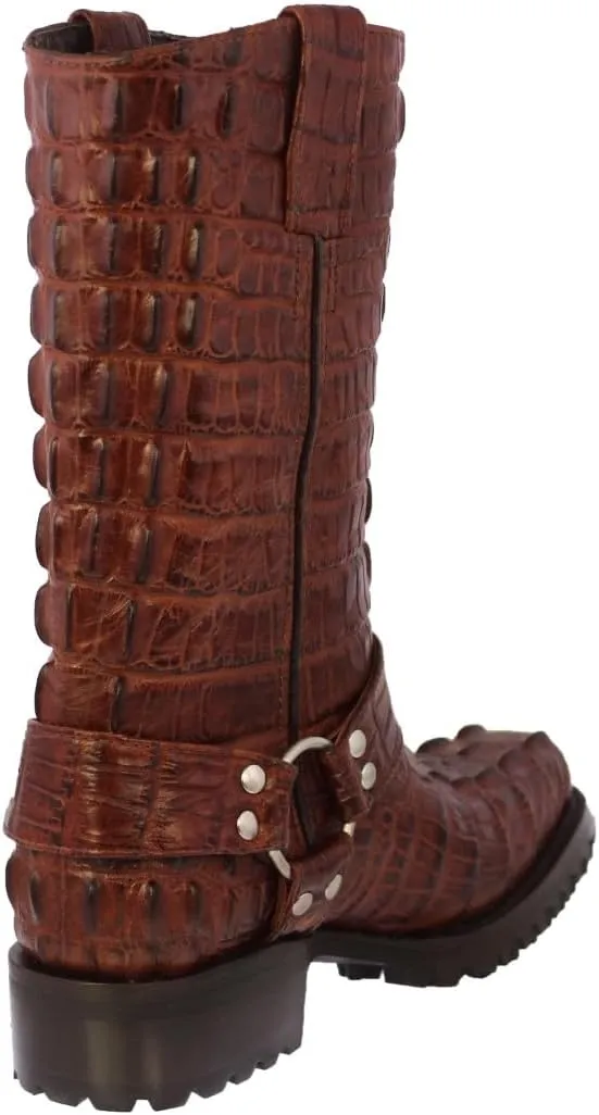 Mens Cognac Leather Motorcycle Boots Crocodile Tail Print Square Toe