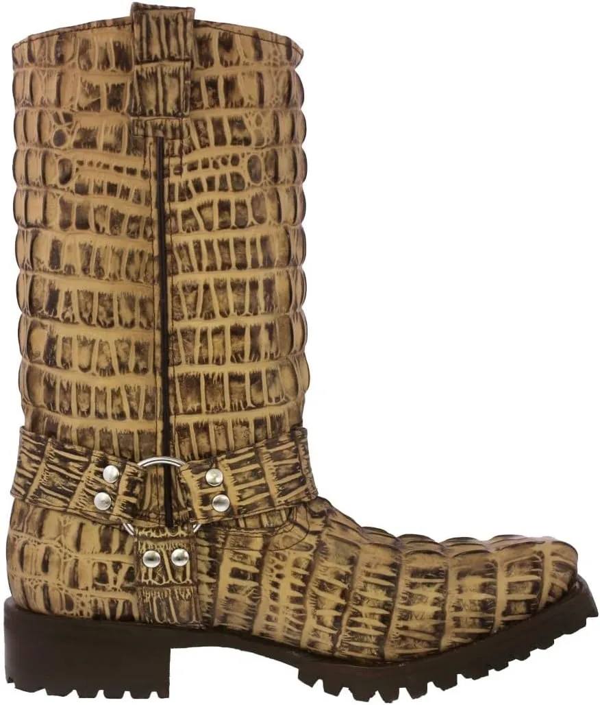Mens Rustic Sand Leather Motorcycle Boots Crocodile Tail Print Square Toe