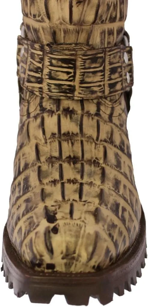 Mens Rustic Sand Leather Motorcycle Boots Crocodile Tail Print Square Toe