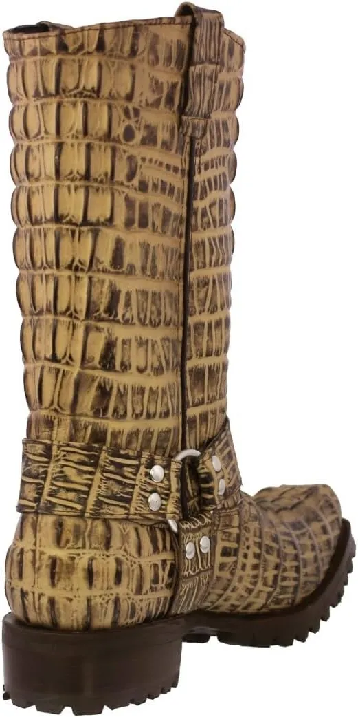 Mens Rustic Sand Leather Motorcycle Boots Crocodile Tail Print Square Toe