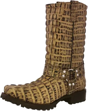 Mens Rustic Sand Leather Motorcycle Boots Crocodile Tail Print Square Toe