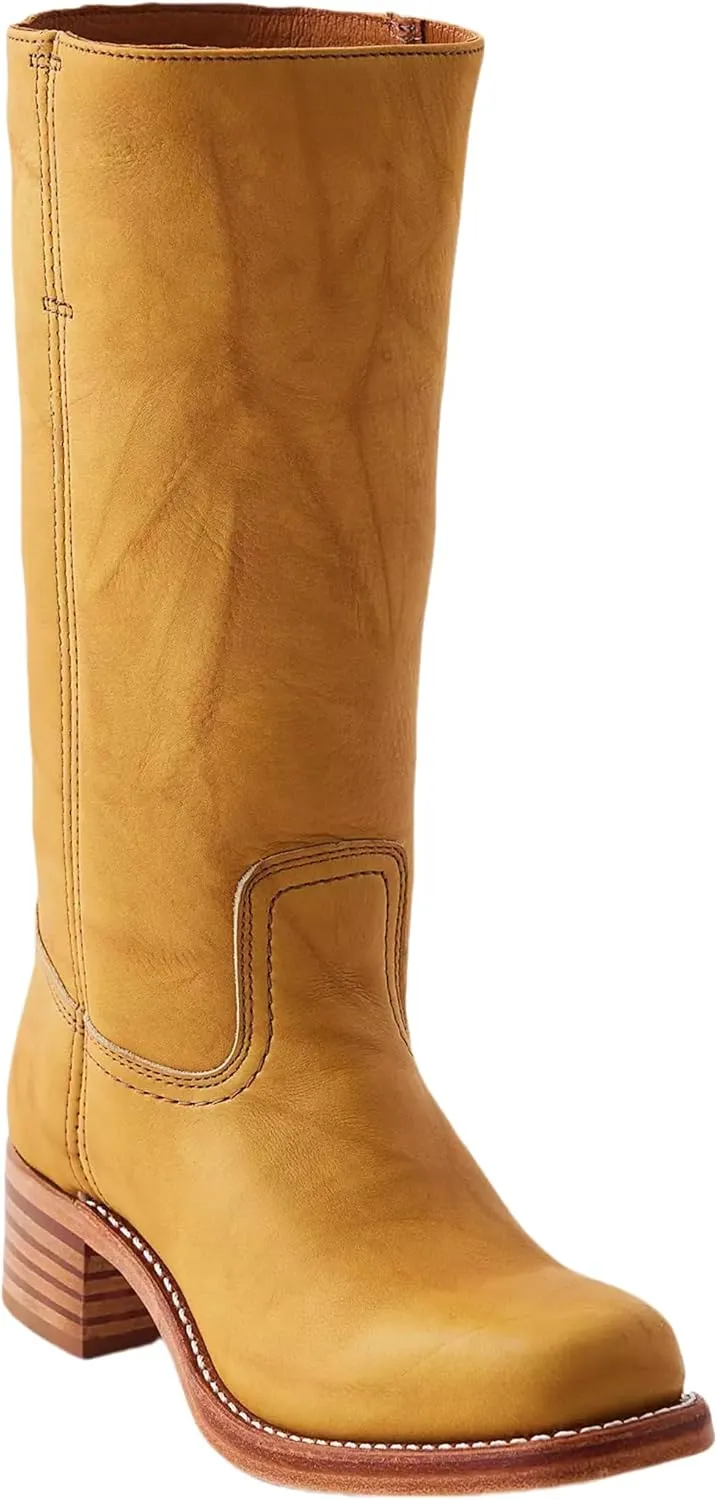 Mid Calf Boots for Women Round Toe Pull On Biker Boots Stacked Chunky Heeled Riding Boots Women's Comfort Leather Tall Boots