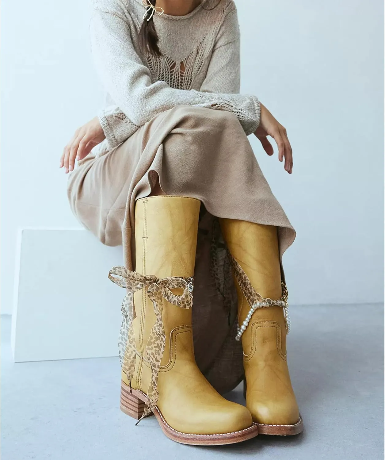 Mid Calf Boots for Women Round Toe Pull On Biker Boots Stacked Chunky Heeled Riding Boots Women's Comfort Leather Tall Boots