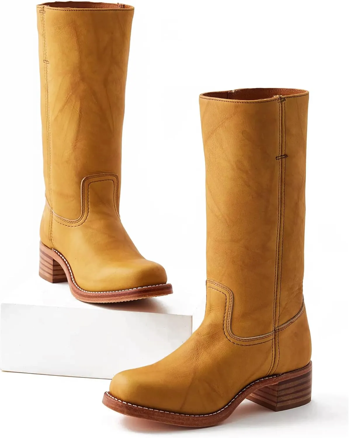 Mid Calf Boots for Women Round Toe Pull On Biker Boots Stacked Chunky Heeled Riding Boots Women's Comfort Leather Tall Boots