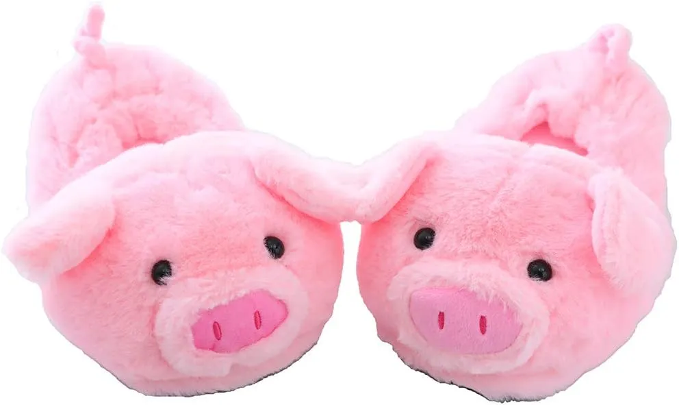 Millffy Funny Womens Warm Animal Slippers - Furry Pink Pig House Shoes