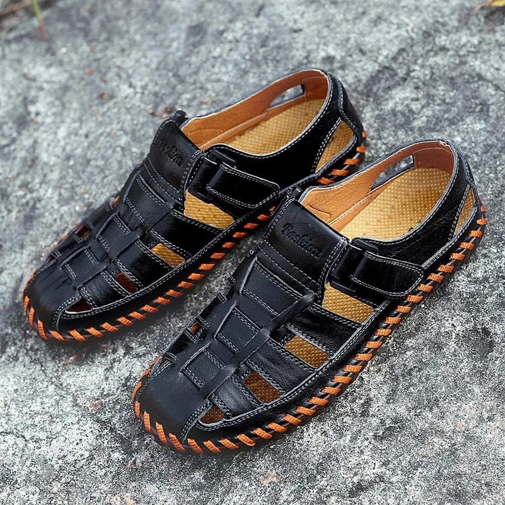 Moodeng Mens Sport Sandals Closed Toe Outdoor Fisherman Shoes Leather Summer Beach Loafters Breathable Anti-Slip