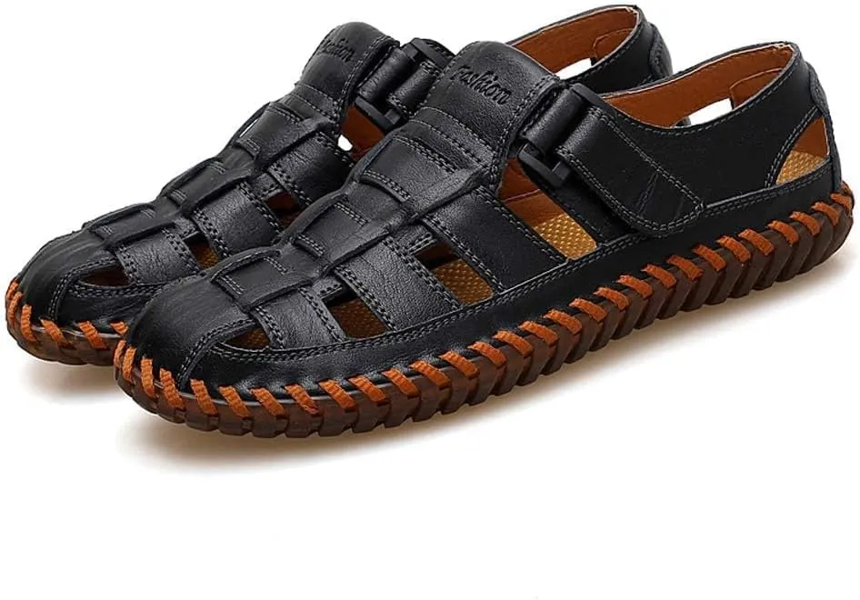 Moodeng Mens Sport Sandals Closed Toe Outdoor Fisherman Shoes Leather Summer Beach Loafters Breathable Anti-Slip