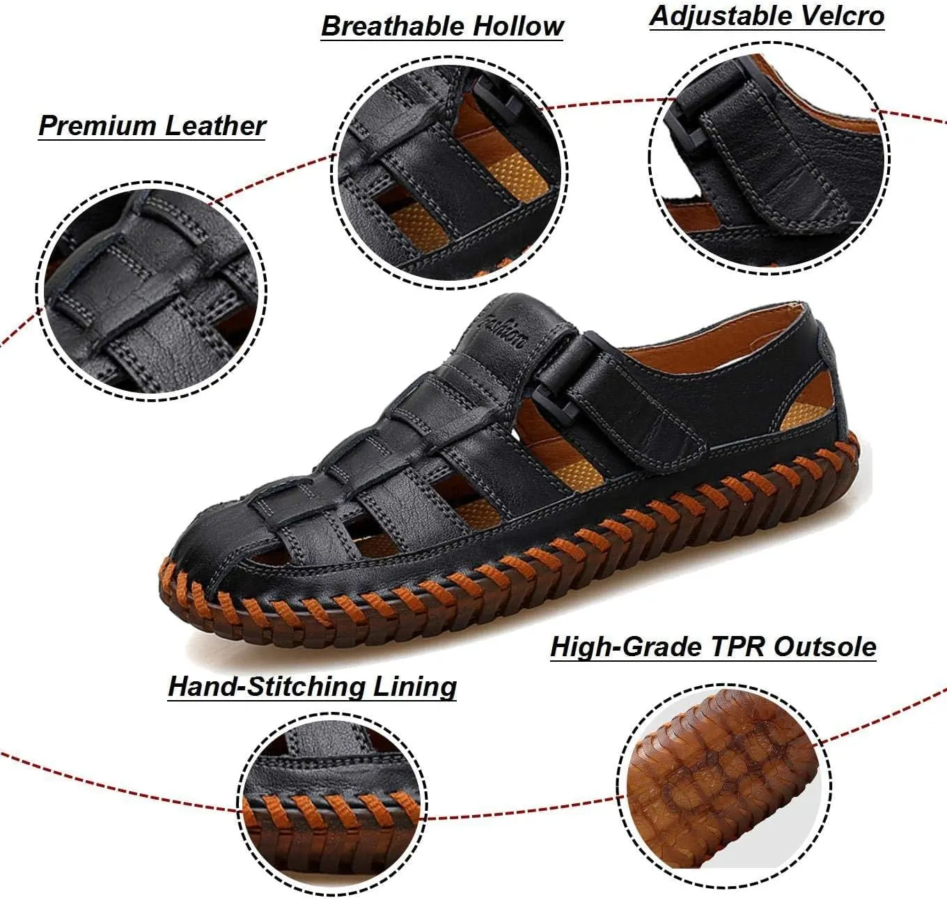 Moodeng Mens Sport Sandals Closed Toe Outdoor Fisherman Shoes Leather Summer Beach Loafters Breathable Anti-Slip