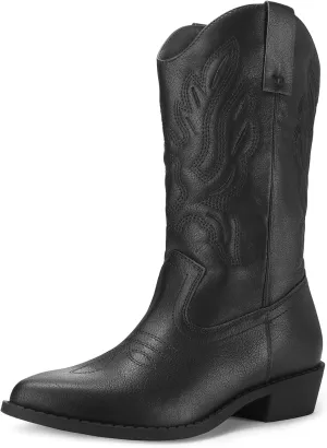 mysoft Women's Western Cowboy Boots Embroidered Mid-Calf Pointed Toe Cowgirl Boot