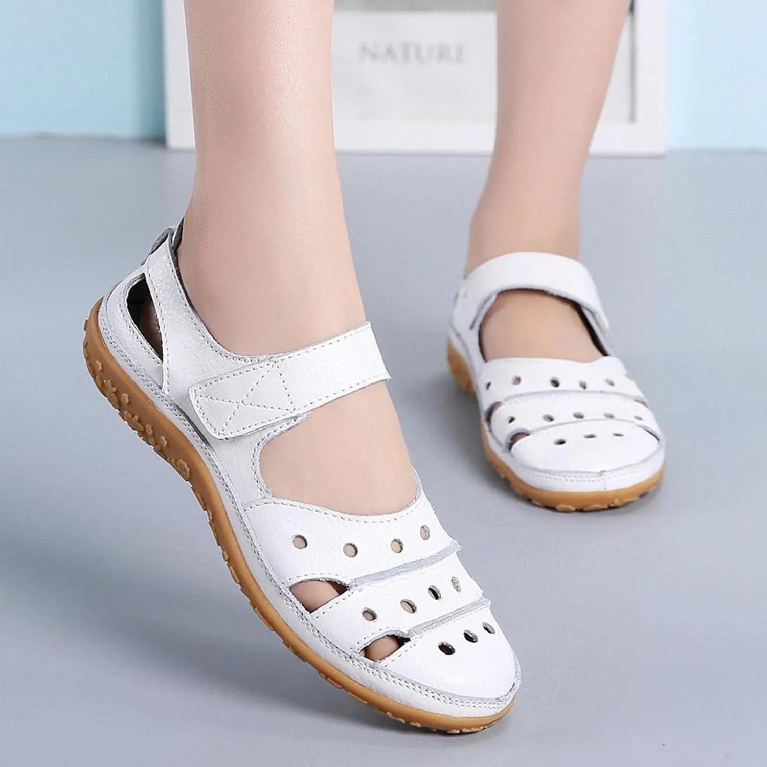oiangi Womens Sandals Comfortable Wedge Sandals Summer Casual Hollow Hole Closed Toe Hook and Loop Sandals Lightweight Outdoor Non-Slip Ladies Shoes