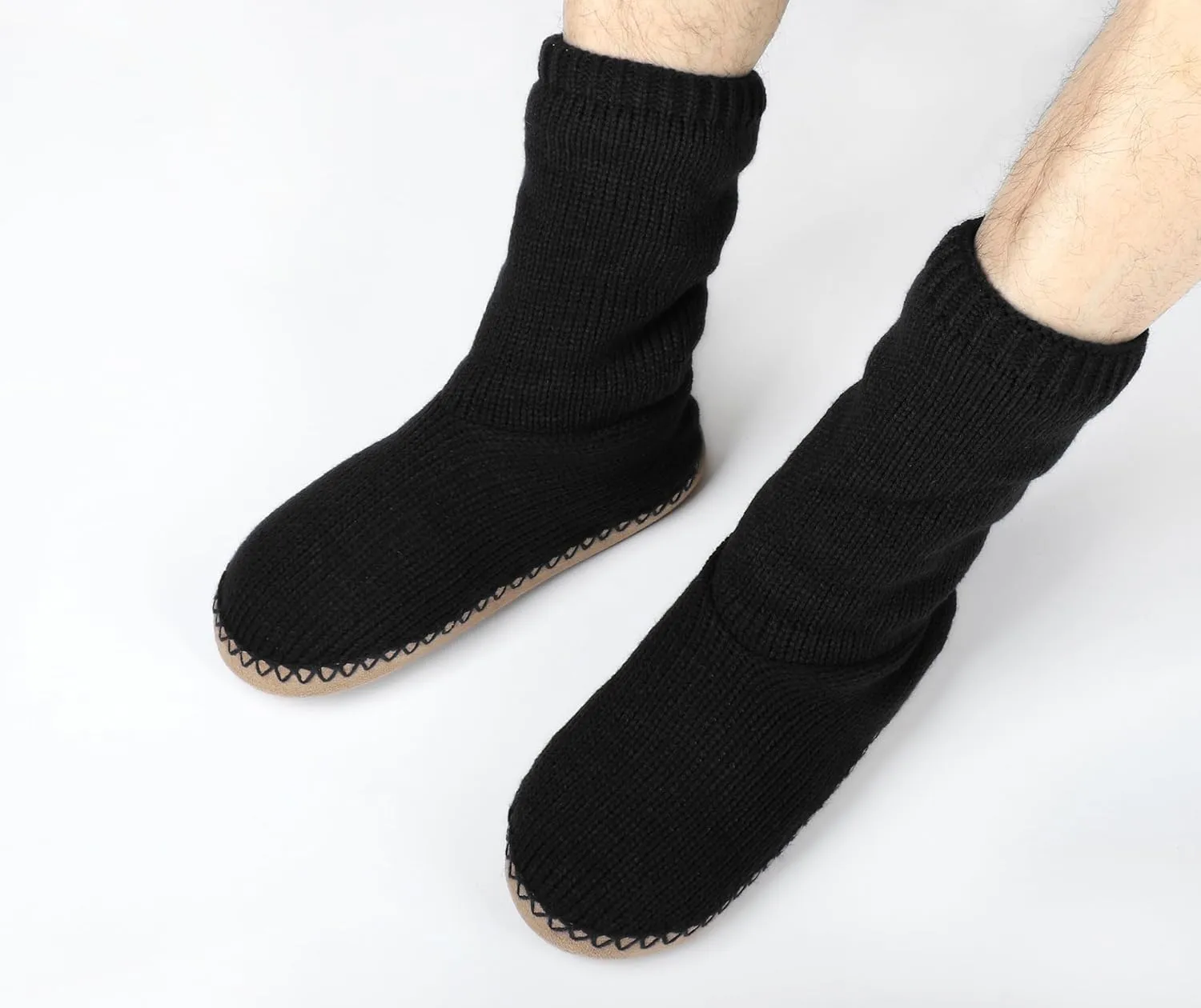 Panda Bros Cozy Boot Slippers for Men Indoor, Fuzzy House Shoes with Non Slip Gripper Soles, Winter Knitted Non-Skid Home Warm Floor Socks