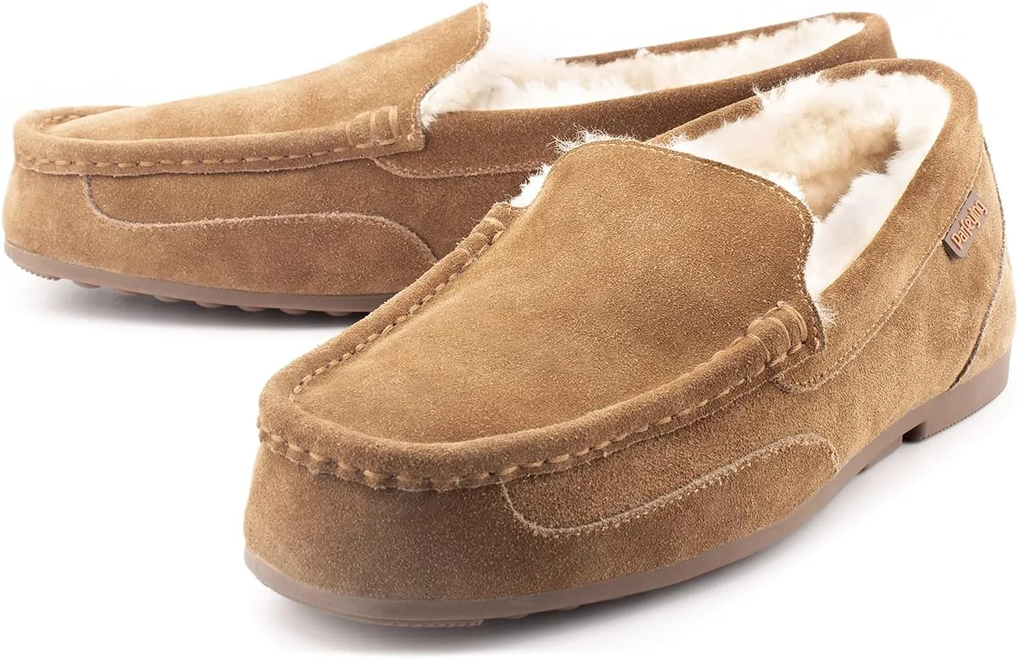 Parfeying Men's Indoor Outdoor Sheepskin Moccasins Slippers Memory Foam Driving Style Shoes
