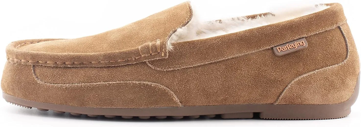 Parfeying Men's Indoor Outdoor Sheepskin Moccasins Slippers Memory Foam Driving Style Shoes