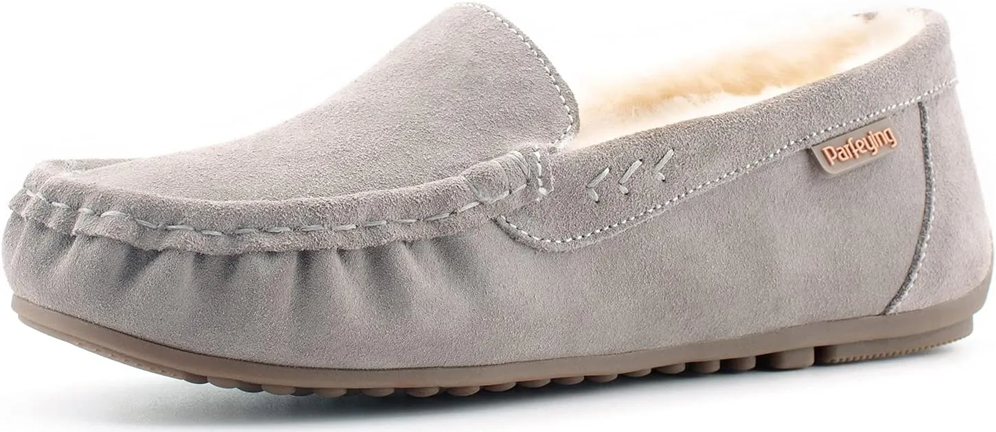 Parfeying Women's Sheepskin Moccasin Slippers Cow Suede Memory Foam Driving Style Loafers