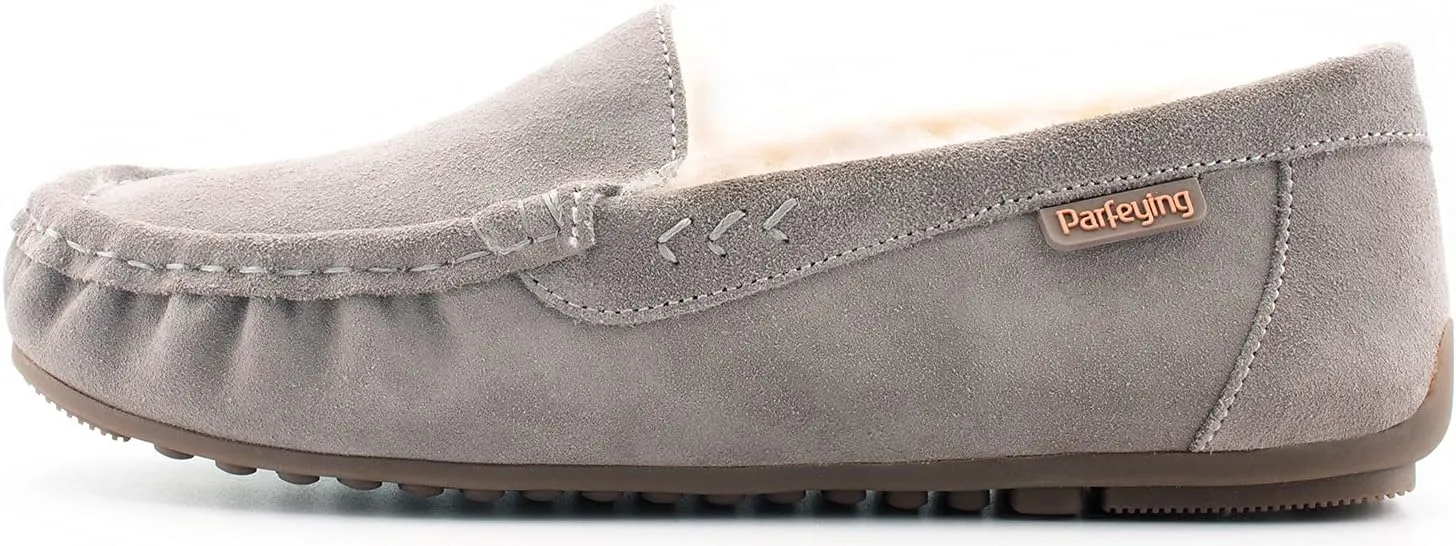 Parfeying Women's Sheepskin Moccasin Slippers Cow Suede Memory Foam Driving Style Loafers
