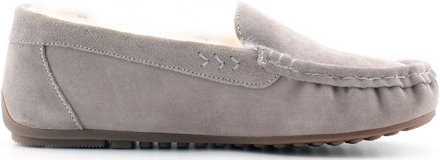 Parfeying Women's Sheepskin Moccasin Slippers Cow Suede Memory Foam Driving Style Loafers
