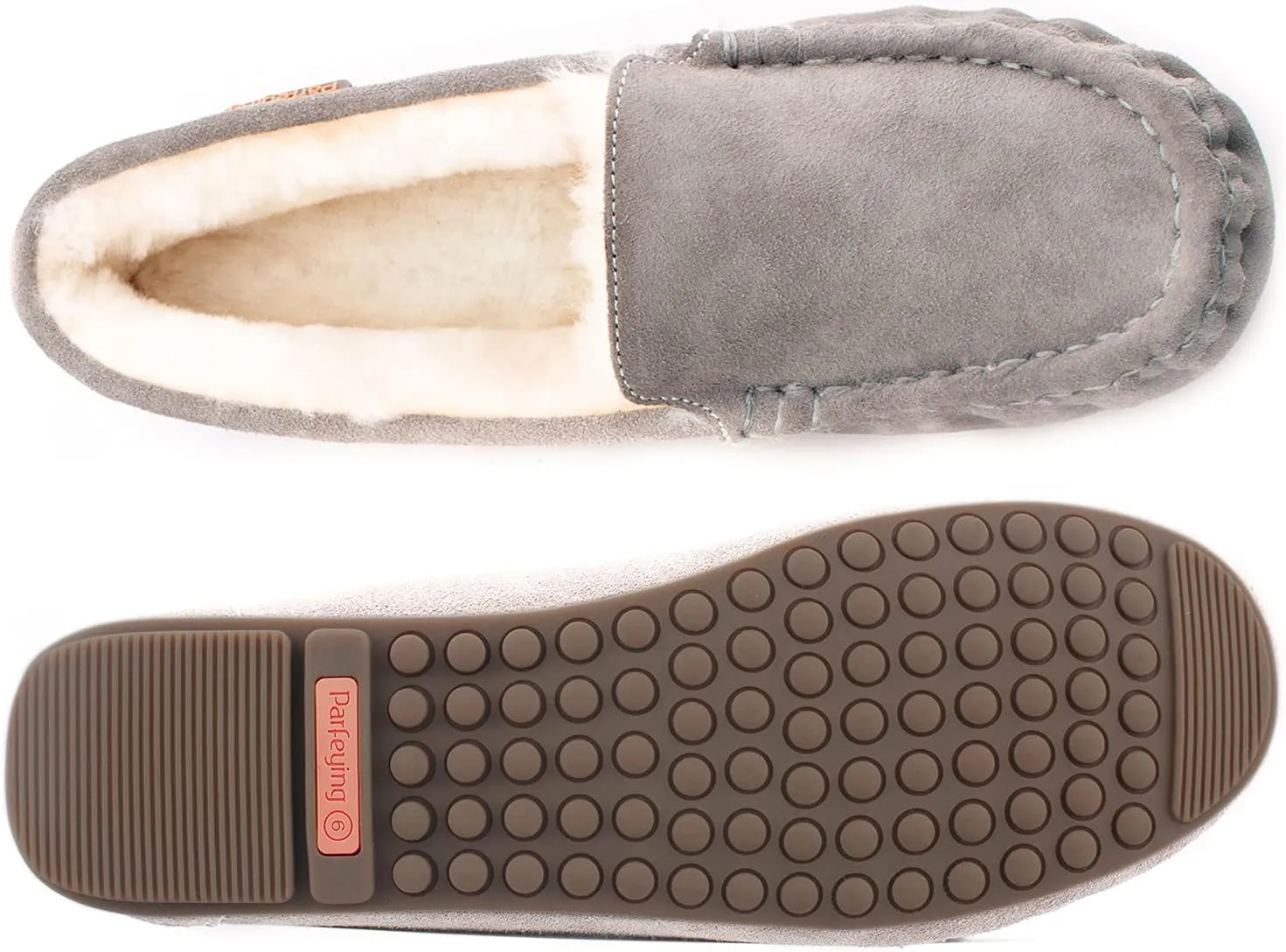 Parfeying Women's Sheepskin Moccasin Slippers Cow Suede Memory Foam Driving Style Loafers