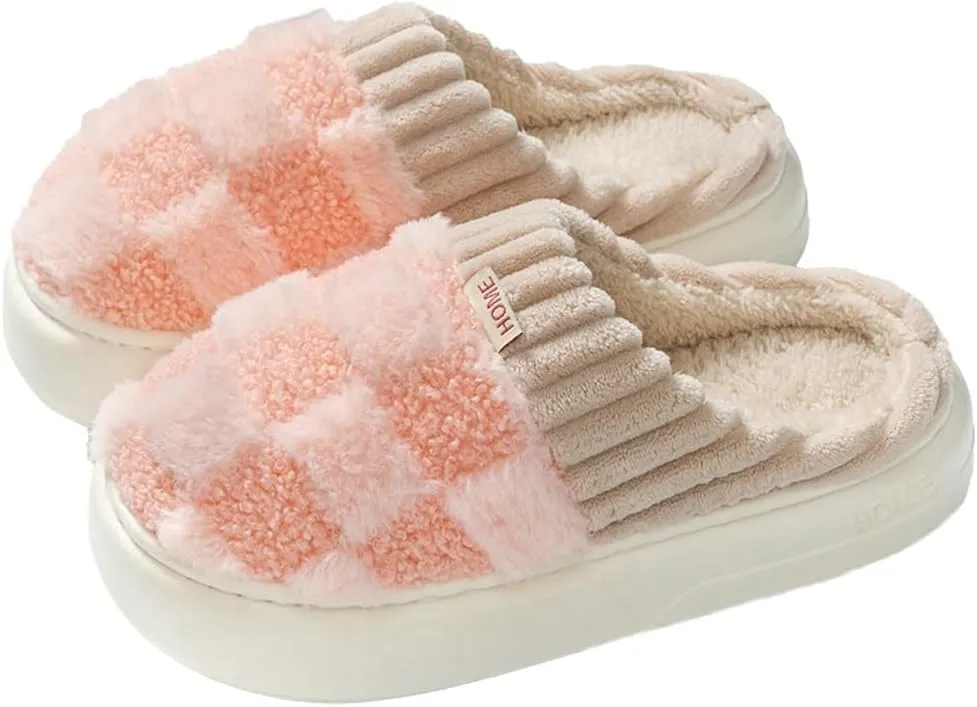 Plush Slippers for Women Men Plaid Cuff Warm Fuzzy Fleece Slipper Cozy Memory Foam Checkered Home Shoes Non-Slip