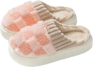 Plush Slippers for Women Men Plaid Cuff Warm Fuzzy Fleece Slipper Cozy Memory Foam Checkered Home Shoes Non-Slip