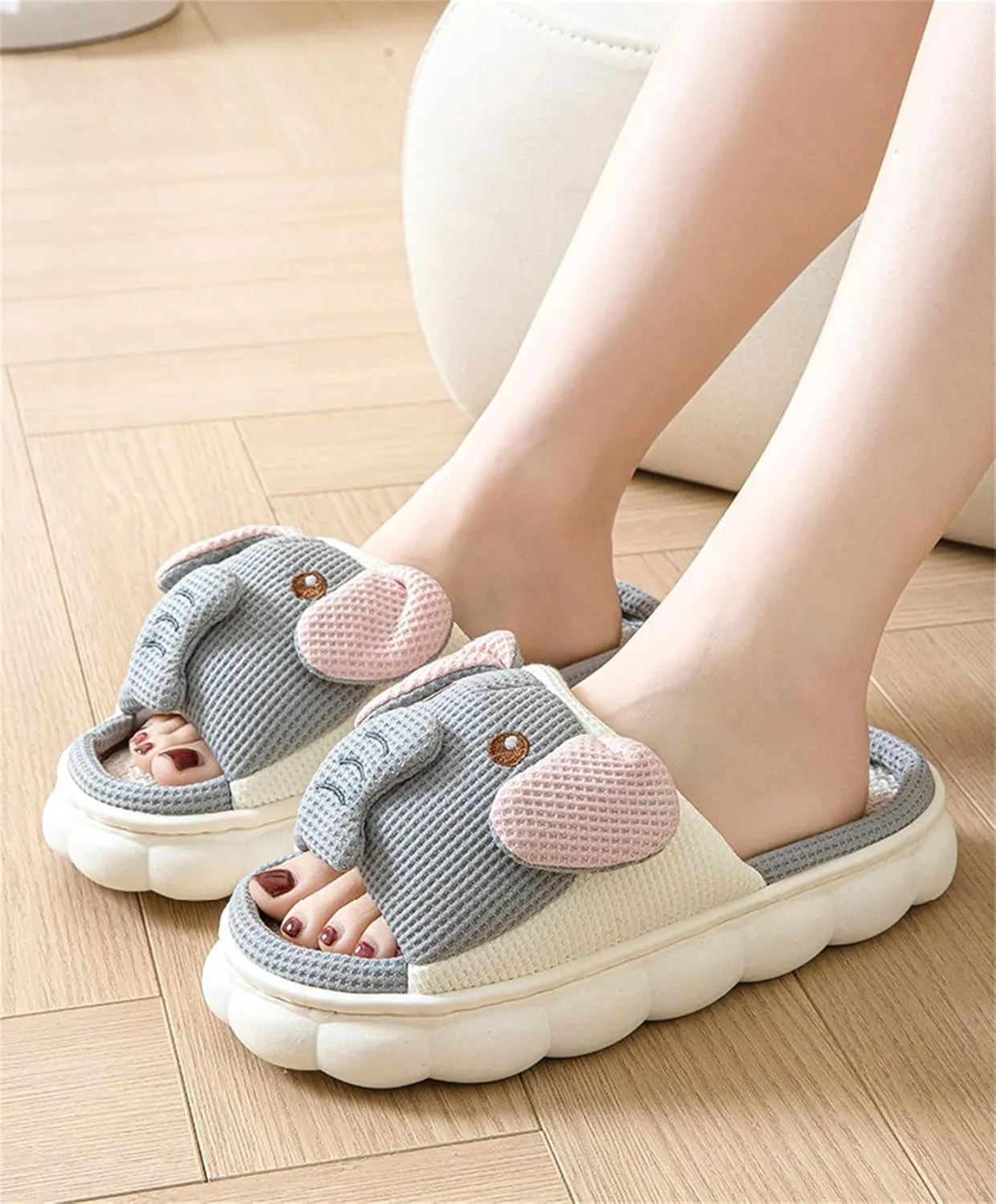 Rabbit And Bear Linen Slippers, Cute Animal Lace Slippers,Cotton Linen Couple's Home Shoes Indoor And Outdoor