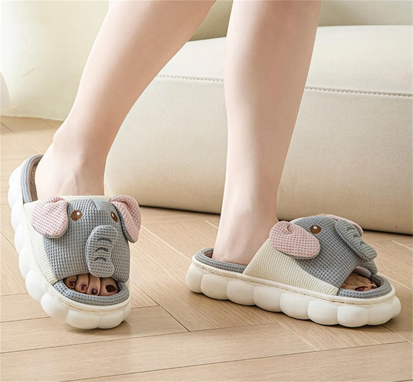 Rabbit And Bear Linen Slippers, Cute Animal Lace Slippers,Cotton Linen Couple's Home Shoes Indoor And Outdoor