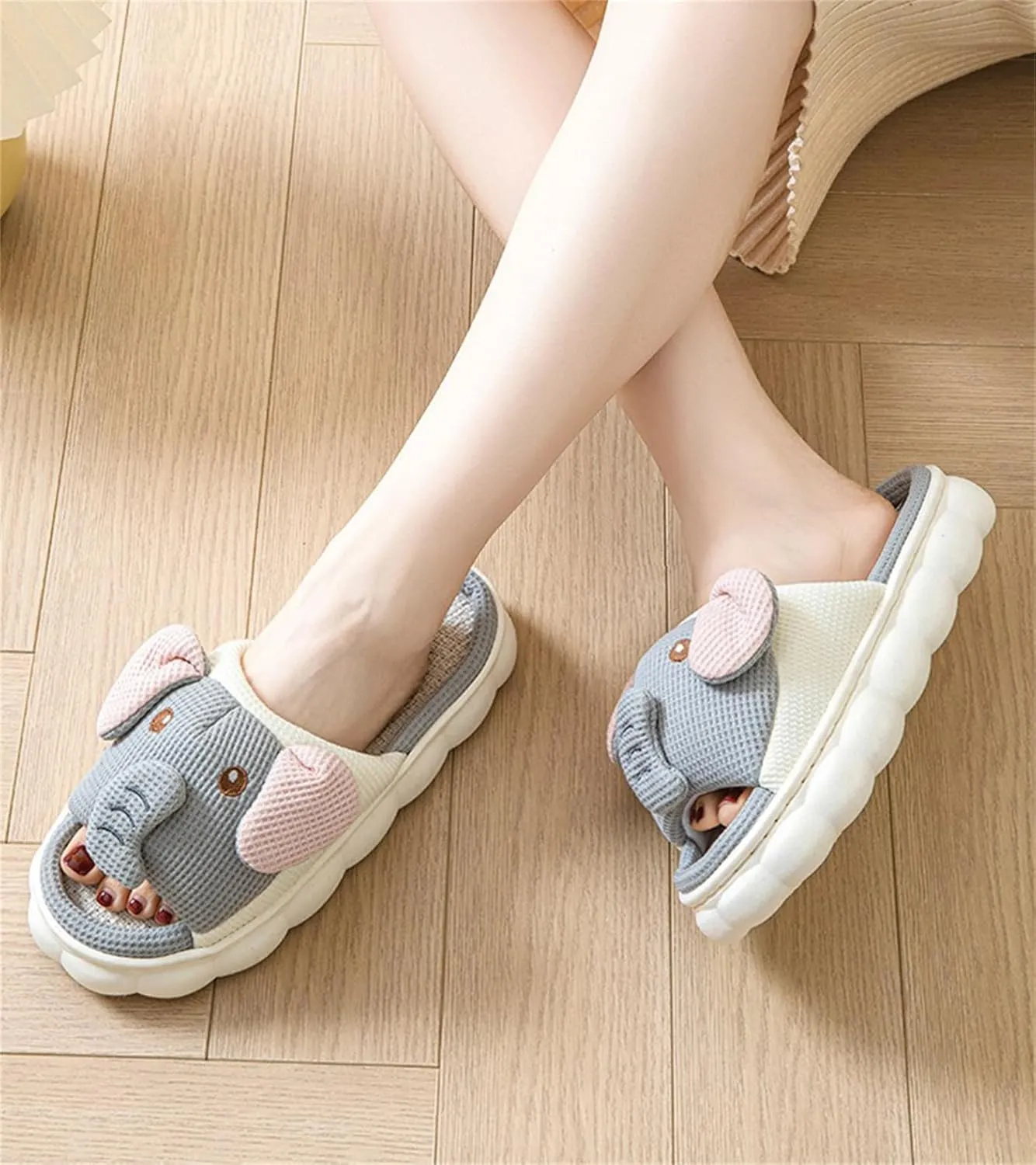 Rabbit And Bear Linen Slippers, Cute Animal Lace Slippers,Cotton Linen Couple's Home Shoes Indoor And Outdoor