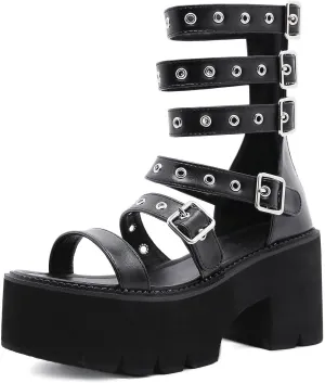 SHEMEE Chunky Platform Gladiator Roman Sandals Women Black Punk Goth Shoes Multi Strap Lightweight Fisherman Wedge Sandal