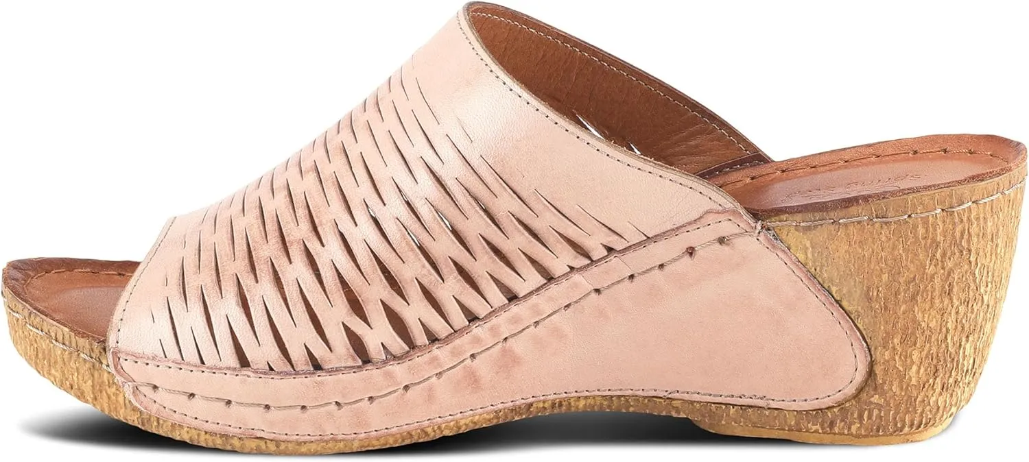 Spring Step Cunacena Women's Leather Slip On Wedge Sandal | Low Heel Sandals for Women with Die Cut Lattice, Stretch Upper, Breathable Lining
