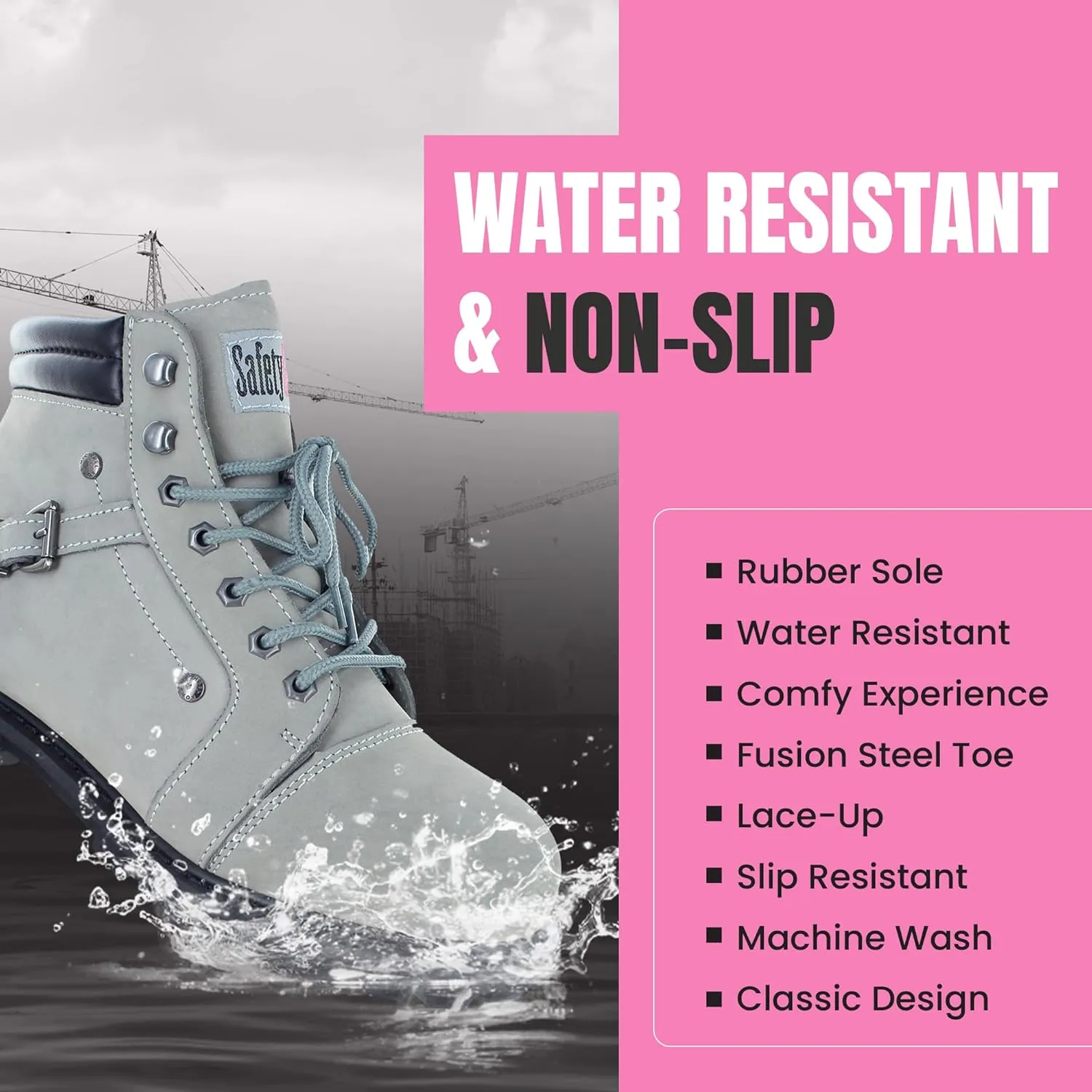Steel Toe Boots for Women - Light Gray - 9.5M | Waterproof Women's Fusion Work Boots | Leather Work Boots | Rugged Goodyear Welt Construction | Oil Resistant Outsoles & Cushioned Insoles