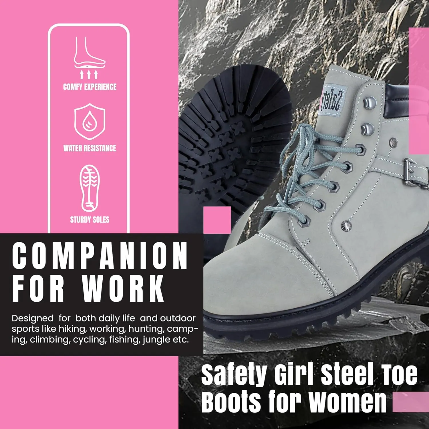 Steel Toe Boots for Women - Light Gray - 9.5M | Waterproof Women's Fusion Work Boots | Leather Work Boots | Rugged Goodyear Welt Construction | Oil Resistant Outsoles & Cushioned Insoles