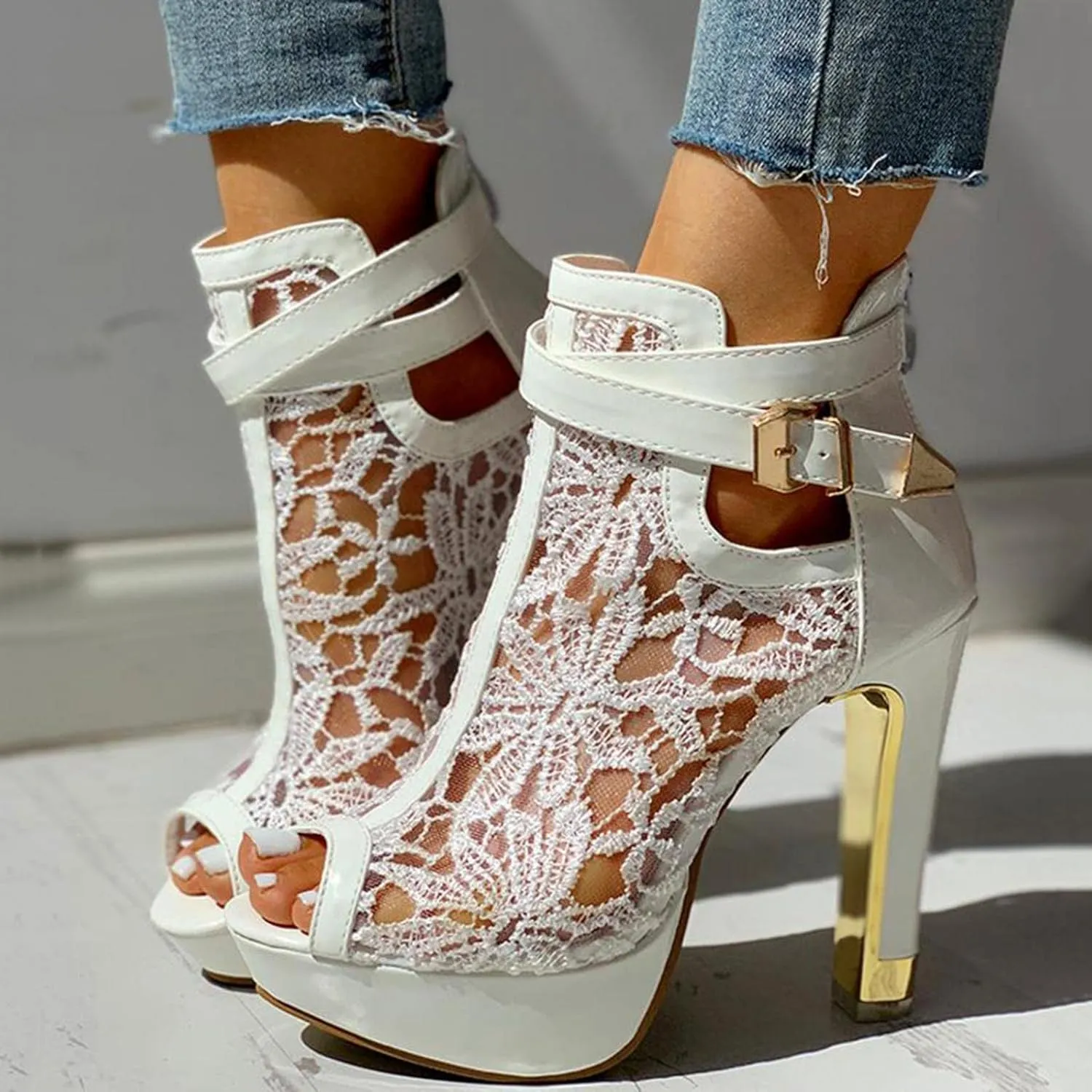 SuanlaTDS Women's Sexy Lace Platform Heeled Sandals Peep Toe Flower Embroidered Mesh High Heel Boots Buckle Ankle Strap Back Zip Sexy Fashion Dress High Heels Booties