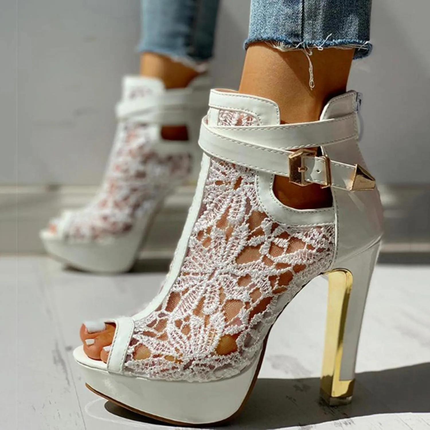 SuanlaTDS Women's Sexy Lace Platform Heeled Sandals Peep Toe Flower Embroidered Mesh High Heel Boots Buckle Ankle Strap Back Zip Sexy Fashion Dress High Heels Booties