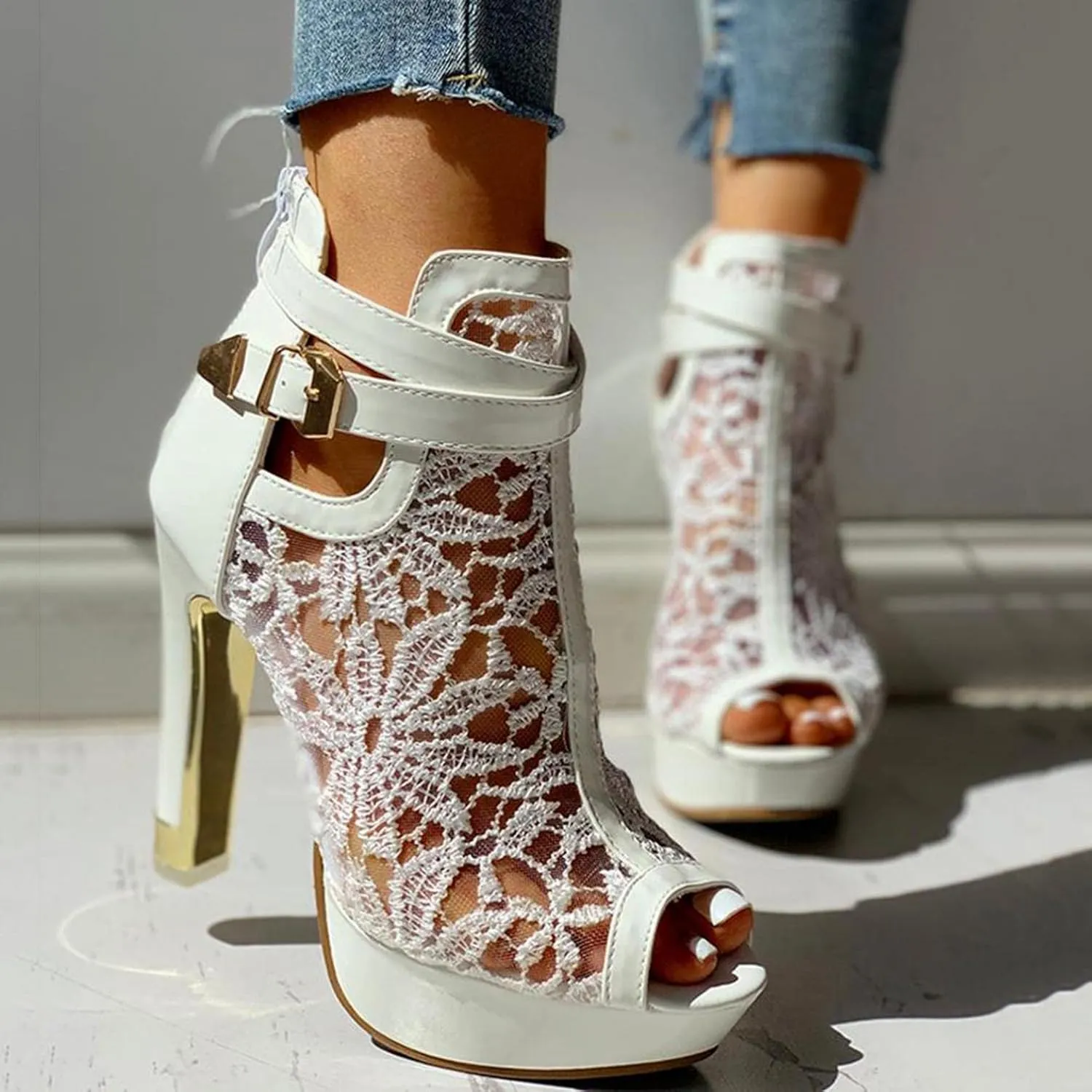 SuanlaTDS Women's Sexy Lace Platform Heeled Sandals Peep Toe Flower Embroidered Mesh High Heel Boots Buckle Ankle Strap Back Zip Sexy Fashion Dress High Heels Booties