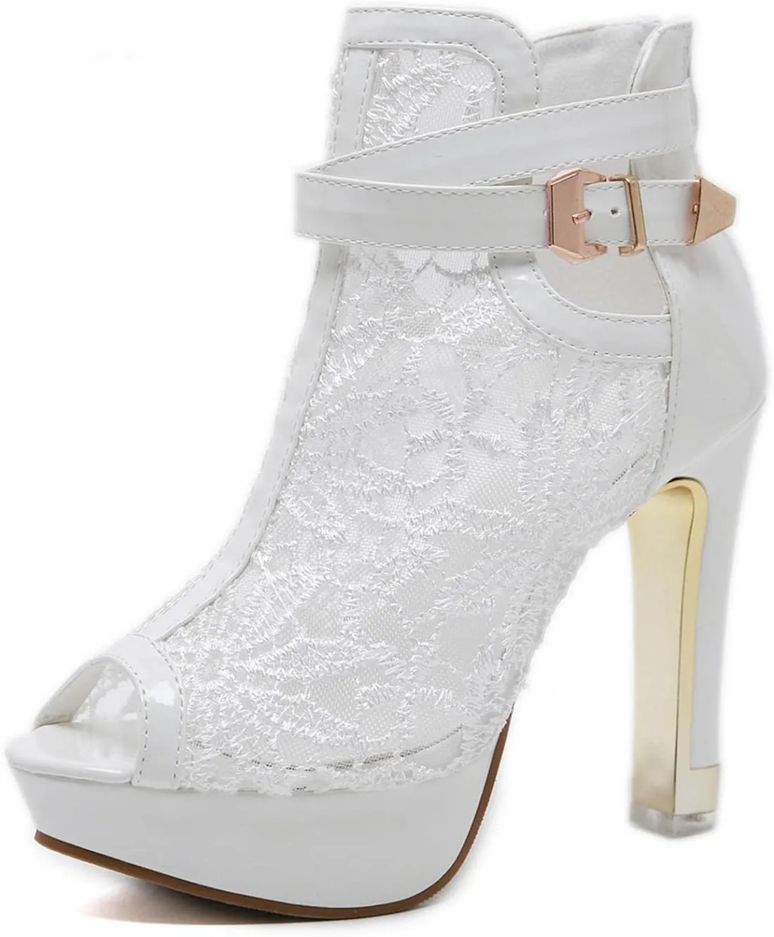 SuanlaTDS Women's Sexy Lace Platform Heeled Sandals Peep Toe Flower Embroidered Mesh High Heel Boots Buckle Ankle Strap Back Zip Sexy Fashion Dress High Heels Booties