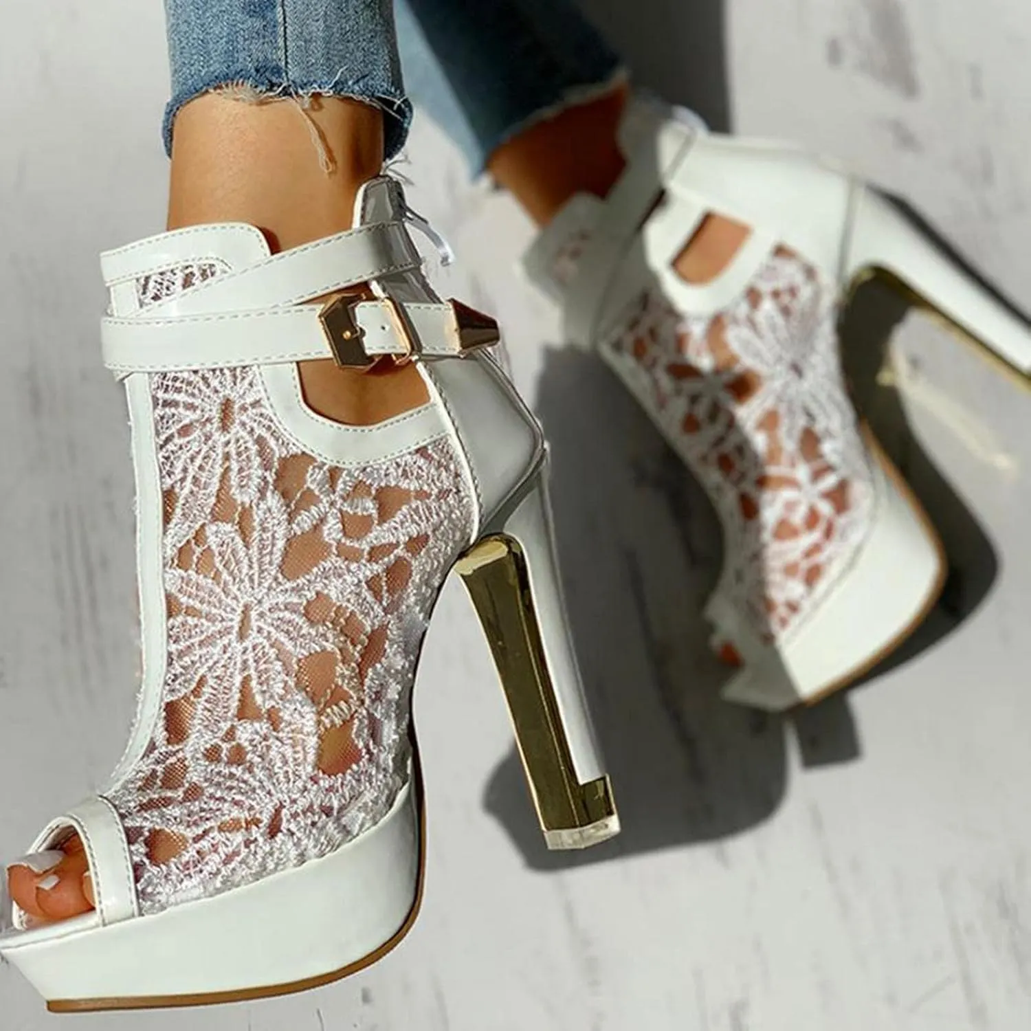 SuanlaTDS Women's Sexy Lace Platform Heeled Sandals Peep Toe Flower Embroidered Mesh High Heel Boots Buckle Ankle Strap Back Zip Sexy Fashion Dress High Heels Booties
