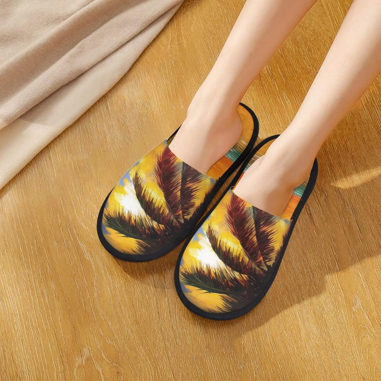Sunset Palm Furry House Slippers for Women Men Soft Fuzzy Slippers Indoor Casual Plush House Shoes